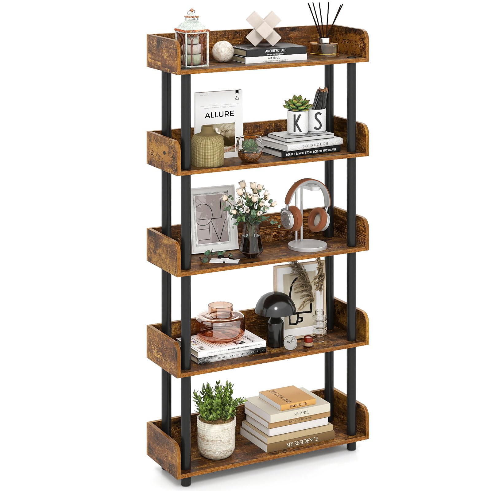 Tangkula 5-Tier Bookshelf Multipurpose Wood Standing Display Rack(1/2)